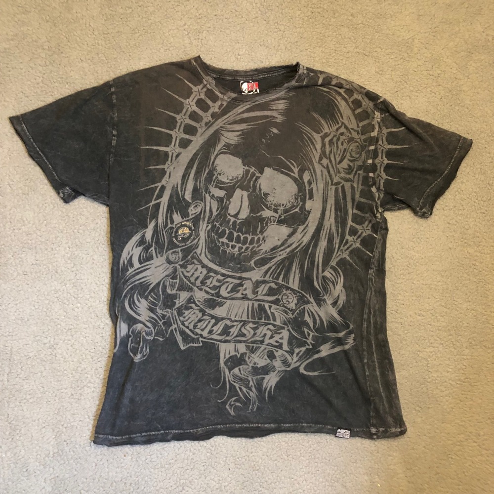 VTG Y2K Metal Mulisha Mens XL Skull Graphic T-Shirt Acid Wash Grey Distressed